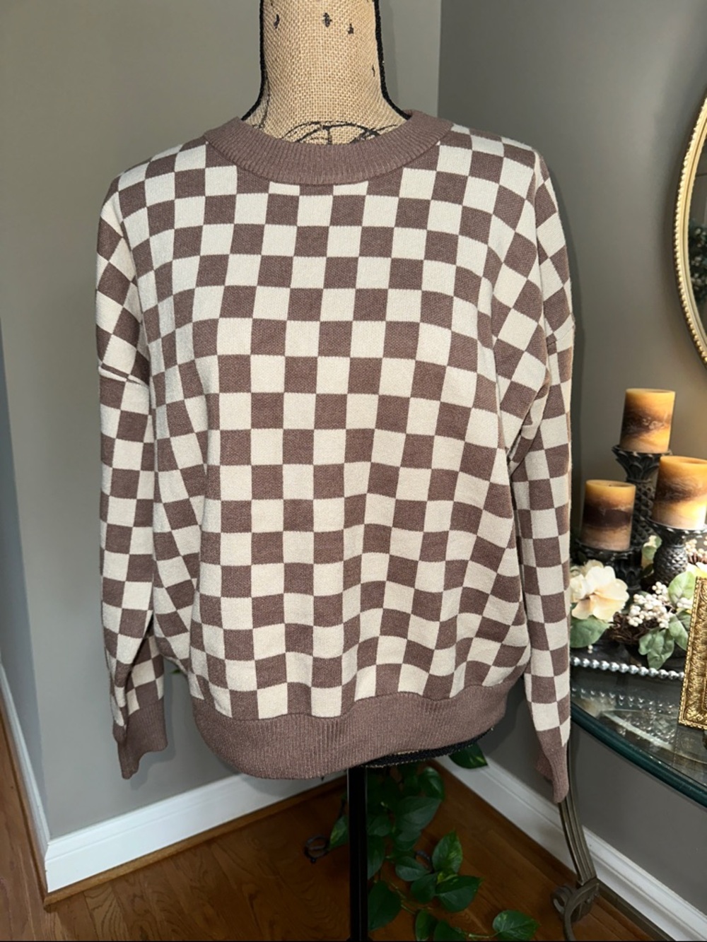 Staccato Anthropologie Cream and Brown Checkerboard Crewneck Sweater size large
